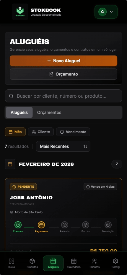 Tela de aluguéis com contratos e orçamentos