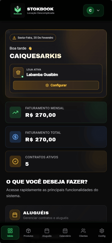 Dashboard do StokBook com faturamento e contratos ativos