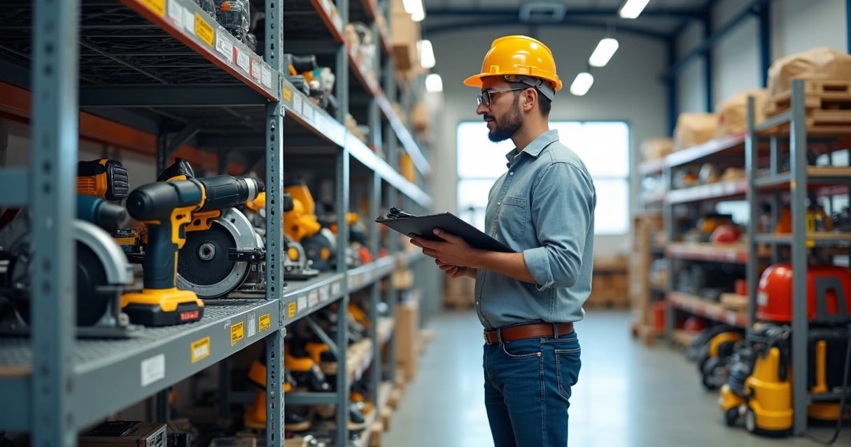 Empresário conferindo ferramentas alugadas em depósito organizado