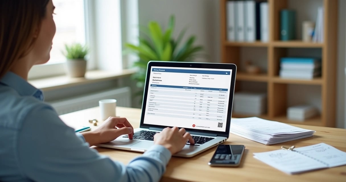 Profissional autônomo emitindo nota fiscal no notebook com documentos e calculadora sobre a mesa