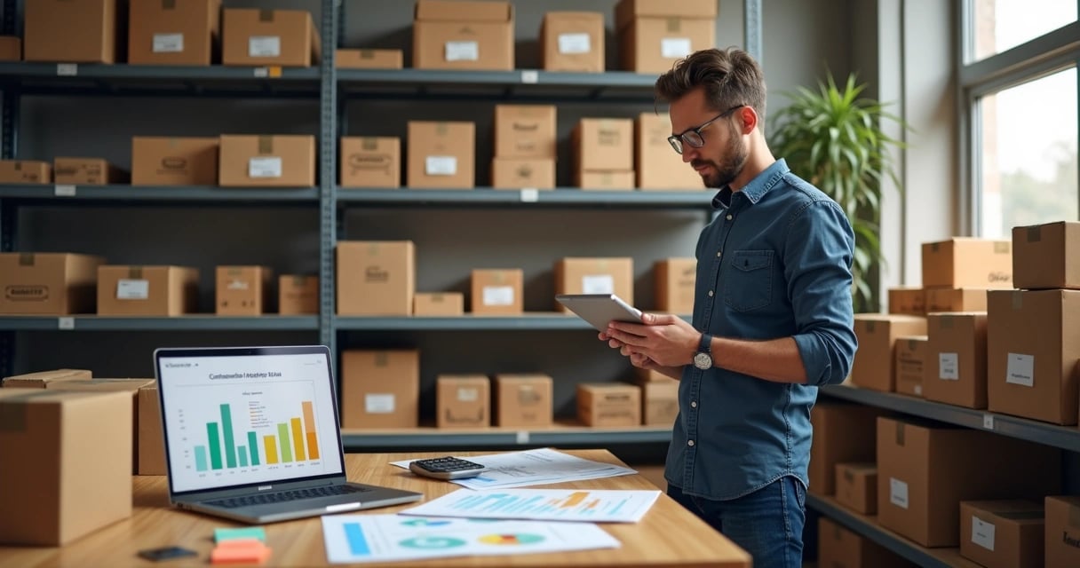 Pequeno empresário conferindo estoque com tablet em depósito organizado