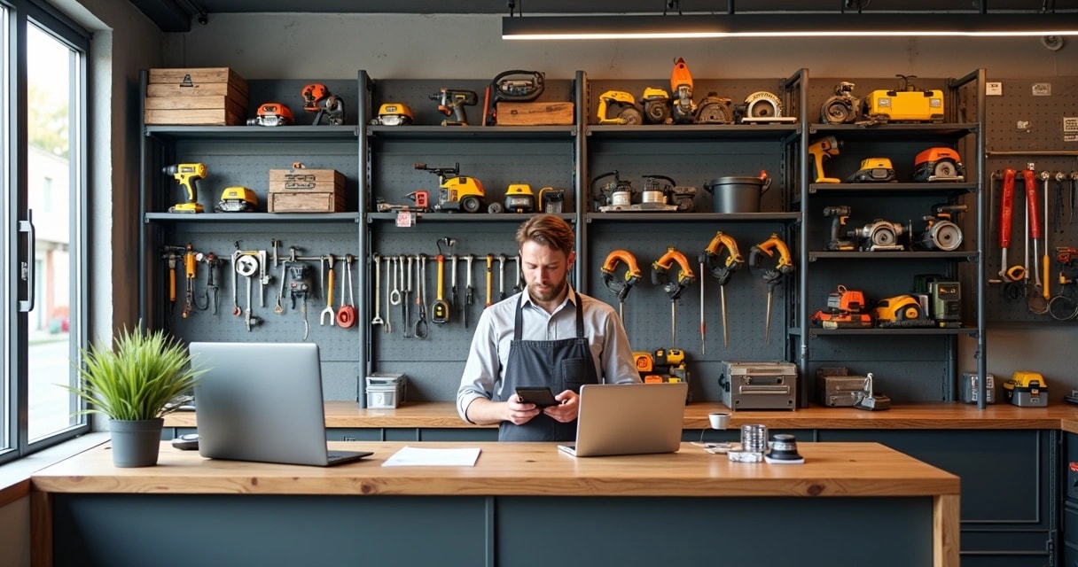 Balcão de locadora de ferramentas com prateleiras organizadas e atendente usando tablet