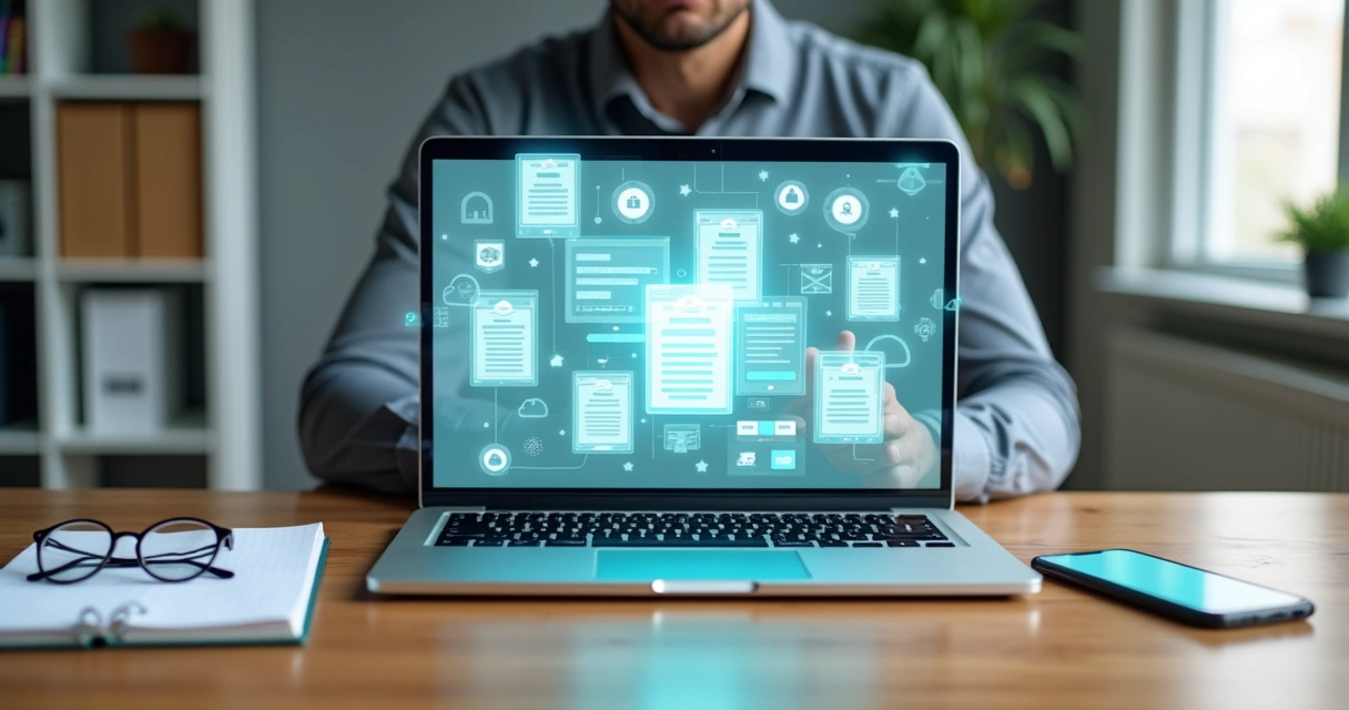 Empresário organizando contratos digitais em laptop com ícones de segurança e nuvem