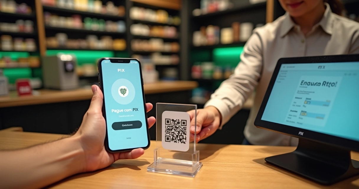 Caixa usando maquininha para receber pagamento com QR Code PIX no balcão de loja