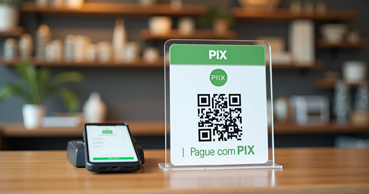 Placa de PIX no balcão de uma pequena loja ao lado de maquininhas e celular