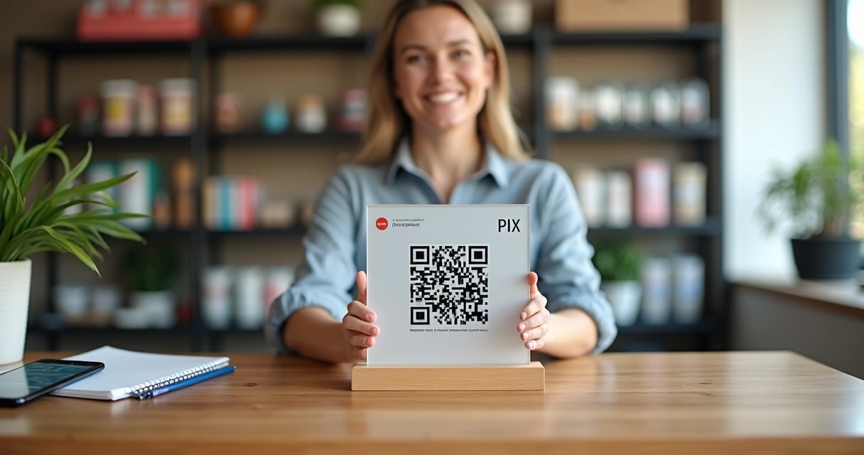 Empresária segurando placa PIX personalizada em balcão de loja moderna