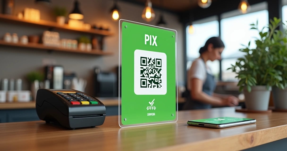 Placa PIX com QR Code em balcão de loja ao lado de maquininha e celular