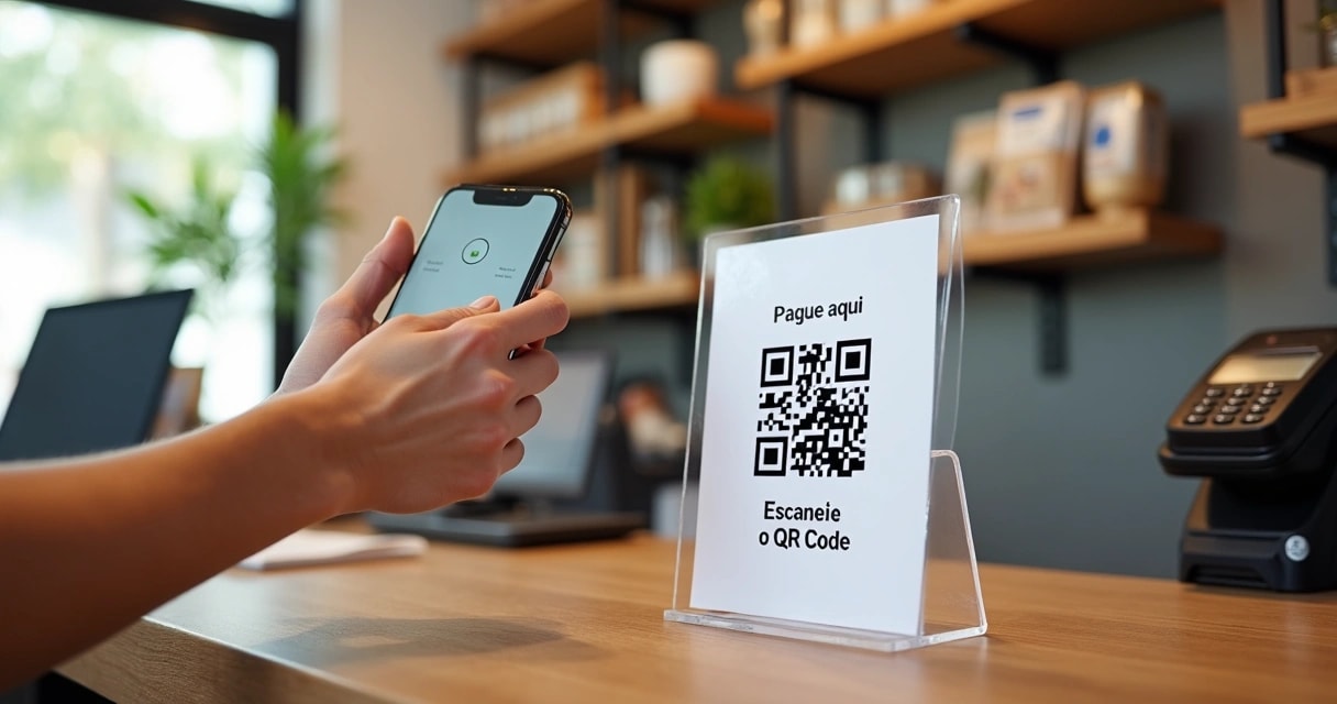Placa moderna com QR Code em balcão de loja física apontada por cliente com smartphone