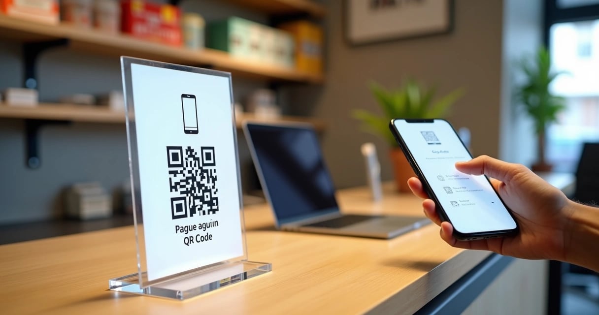 Placa QR Code em acrílico sobre o balcão de uma pequena loja