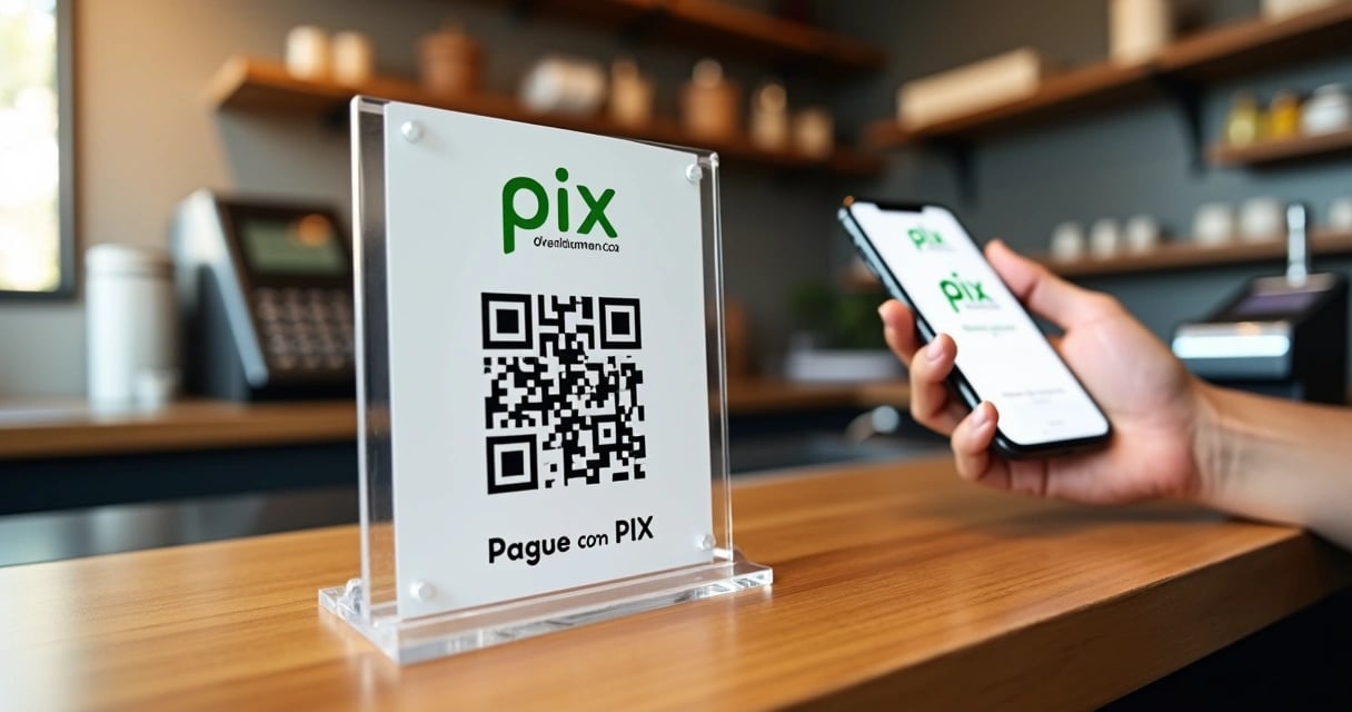 Placa com QR Code PIX em balcão de loja moderna recebendo pagamento de cliente