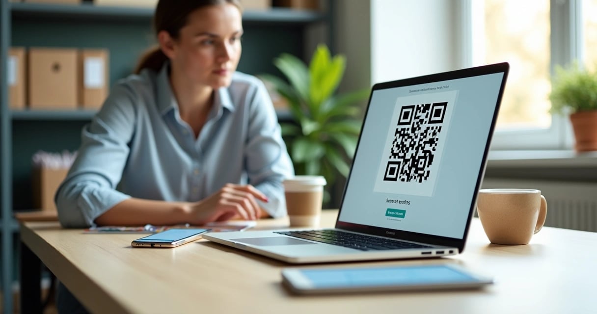 Empresária usando notebook para gerar QR Code em um pequeno negócio