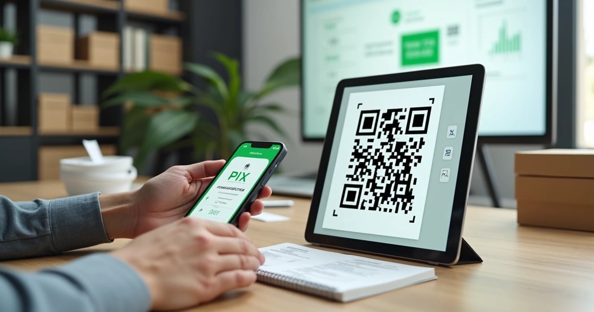 Empresário escaneando QR Code PIX em tablet sobre mesa de trabalho