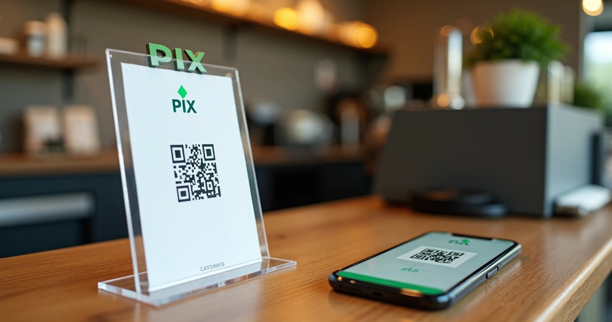 QR Code de PIX impresso ao lado de celular em mesa de atendimento